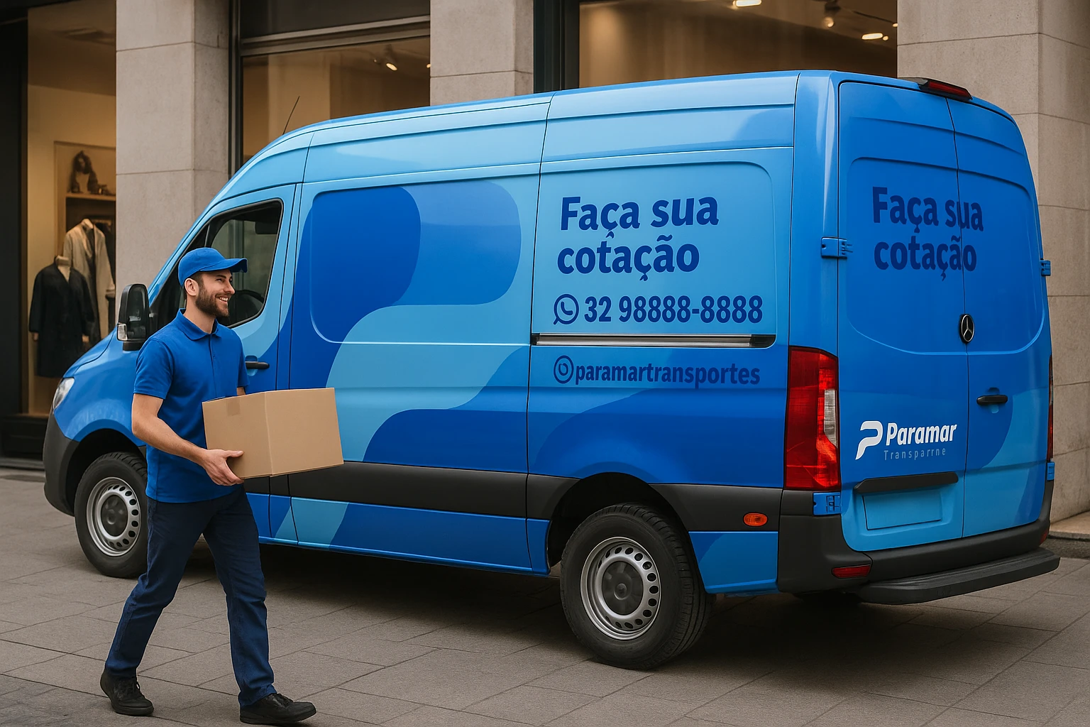Motorista Paramar carregando encomenda ao lado da van
